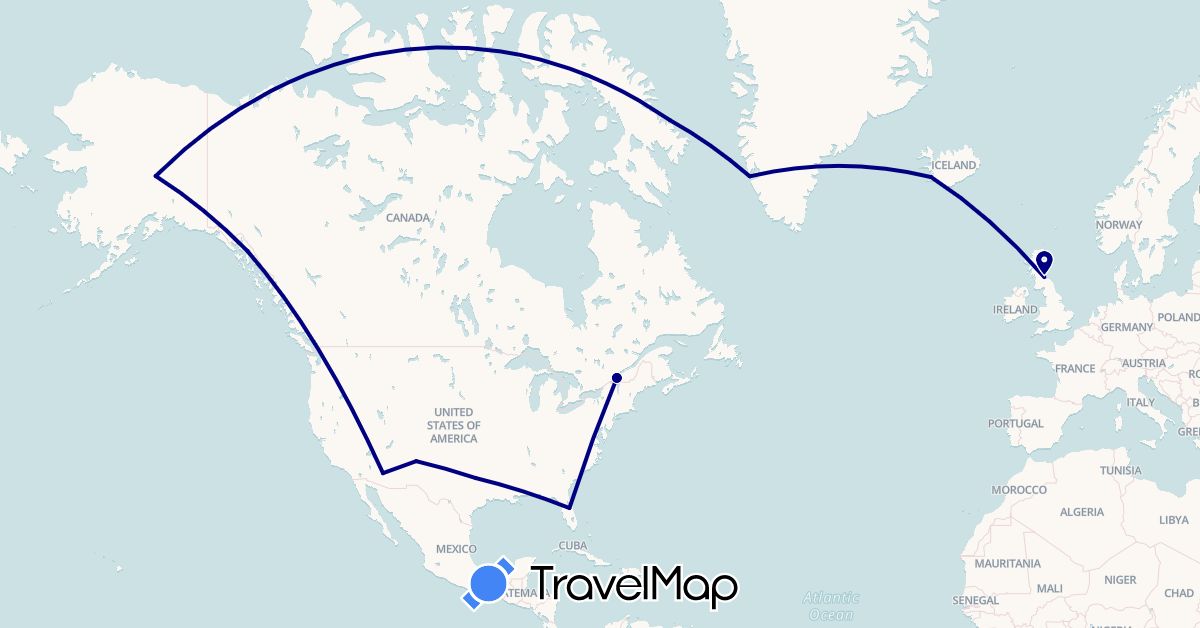 TravelMap itinerary: driving in Canada, United Kingdom, Greenland, Iceland, United States (Europe, North America)